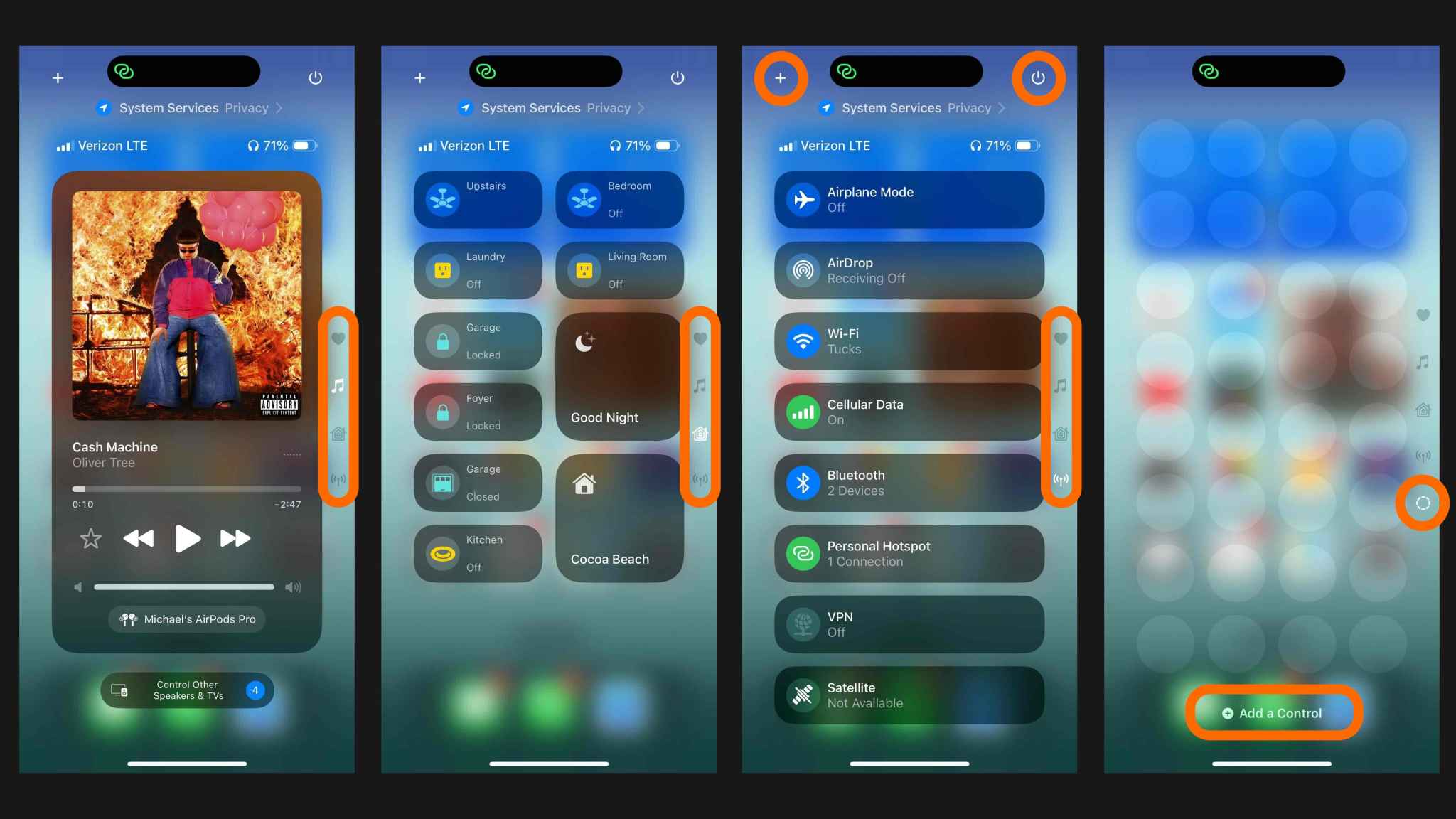 Mula sa iPhoneIslam.com, apat na mga screenshot ng smartphone na nagpapakita ng iba't ibang menu ng Control Center. Kasama sa mga menu ang pag-playback ng musika, mga kontrol sa home automation, mga setting ng network, at isang opsyong "Magdagdag ng kontrol." Itinatampok ng mga feature na ito kung paano pinapahusay ng iOS 18 ang Control Center para sa tuluy-tuloy na functionality at customization.