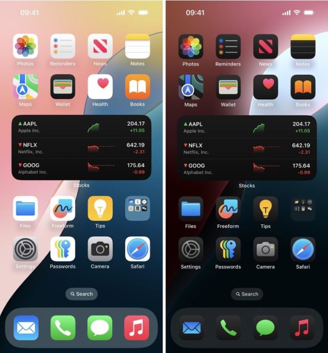 Mula sa iPhoneIslam.com, dalawang screen ng smartphone na nagpapakita ng iba't ibang icon ng app at widget para sa AAPL, NFLX at GOOG. Nagtatampok ang kaliwang screen ng mga presyo ng stock at mga application na may maliwanag na background, habang ang kanang screen ay nagpapakita ng madilim na background, na nagha-highlight sa mga feature ng bagong iOS 18 update.