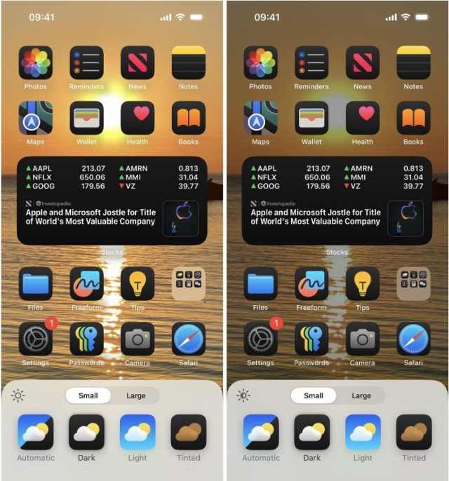 Van iPhoneIslam.com Beide iPhone-schermen geven dezelfde set apps en widgets weer op het startscherm. Het scherm aan de linkerkant heeft een licht thema, terwijl het scherm aan de rechterkant een donker thema gebruikt. Geniet met iOS 18 van nieuwe functies die een volledig verbeterde ervaring bieden, waardoor u eenvoudig tussen de twee modi kunt schakelen om aan uw persoonlijke voorkeuren te voldoen.