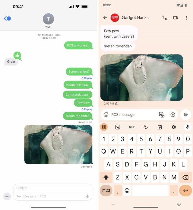 من iPhoneIslam.com، تعرض المقارنة جنبًا إلى جنب بين هاتفين ذكيين ميزات رسائل نصية متنوعة، مما يوضح وظائف مختلفة مثل محادثات iMessage لمستخدمي iPhone وRCS المستهدف لمستخدمي Android، بما في ذلك تسليم الرسائل والردود مع صور سمكة.