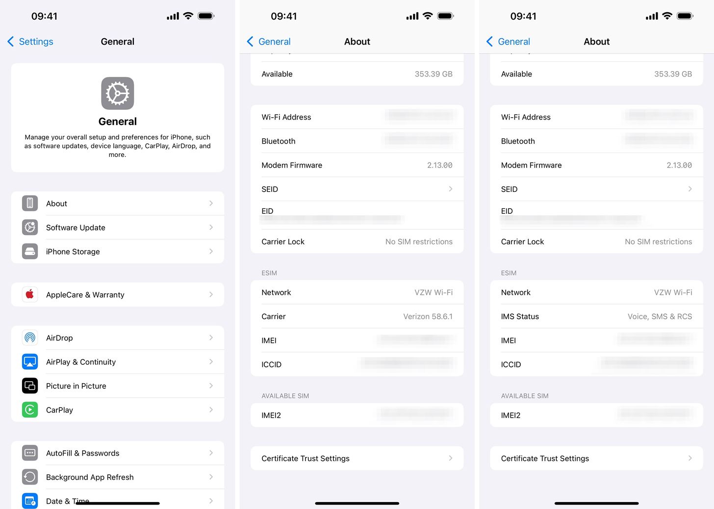 من iPhoneIslam.com، لقطة شاشة لقائمة إعدادات iPhone تعرض أقسامًا للإعدادات العامة ومعلومات الجهاز مثل عنوان Wi-Fi وBluetooth ومساحة التخزين المتوفرة - وهي مثالية لمستخدمي Android الذين يبحثون عن مقارنة ميزات مثل ميزة RCS لإجراء محادثات بسيطة بـ iMessage.