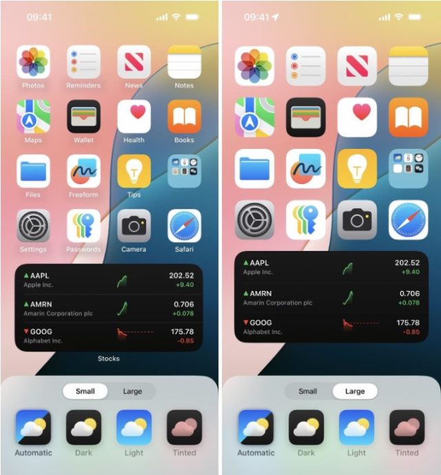 من iPhoneIslam.com، شاشتان رئيسيتان للهاتف الذكي مع أيقونات تطبيقات متنوعة. تعرض الشاشة اليسرى التطبيقات الافتراضية وأسماء التطبيقات، بينما تتضمن الشاشة اليمنى أداة تعقب الأسهم الودجيت التي تعرض أسعار أسهم AAPL وAMRN وGOOG.