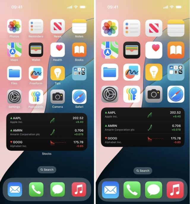 من iPhoneIslam.com، تعرض شاشتان رئيسيتان للهواتف الذكية أيقونات التطبيقات المختلفة وأسماء التطبيقات. تشتمل الشاشة اليمنى على أداة "الأسهم" التي تعرض القيم والتغييرات الخاصة بشركة Apple Inc. وAmarin Corporation PLC وAlphabet Inc.، وهي مدمجة بسلاسة في التصميم الأنيق لنظام التشغيل iOS 18.