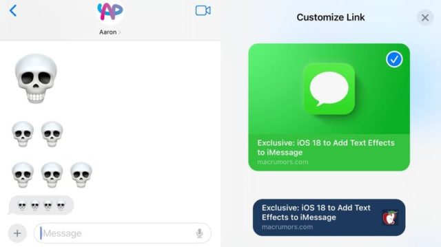 Mula sa iPhoneIslam.com, ipinapakita ng isang pag-uusap sa Messages app ang user na nagpapadala ng skull emoji sa kaliwa. Ang kanang bahagi ay nagpapakita ng preview ng link sa isang artikulong pinamagatang “Eksklusibo: iOS 18 to Add Text Effects to iMessage” mula sa macrumors.com.