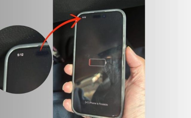 من iPhoneIslam.com، يد تحمل الآي-فون تظهر على الشاشة أيقونة بطارية فارغة تقريبًا. تعرض شاشة القفل الوقت على أنه 5:12. يوجد شكل داخلي يسلط الضوء على الوقت ويوسعه في الزاوية العلوية اليسرى، مع التركيز على نفع البطارية.