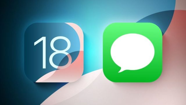 من iPhoneIslam.com، أيقونات iOS 18 وتطبيق الرسائل جنبًا إلى جنب على خلفية مجردة ملونة.