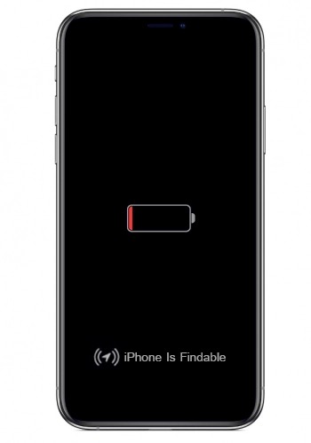 من iPhoneIslam.com، جهاز iPhone يعرض رمز بطارية شبه فارغ ورسالة "iPhone is Findable" على الشاشة، ويعرض ميزة جديدة حتى مع عدم نفاذ البطارية.