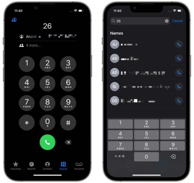من iPhoneIslam.com، شاشتان للهواتف الذكية تعرضان تطبيق Dialer على iOS 18. تعرض الشاشة اليسرى لوحة اتصال T9 واقتراح جهة اتصال. تعرض الشاشة اليمنى قائمة جهات الاتصال المطابقة للرقم "26.