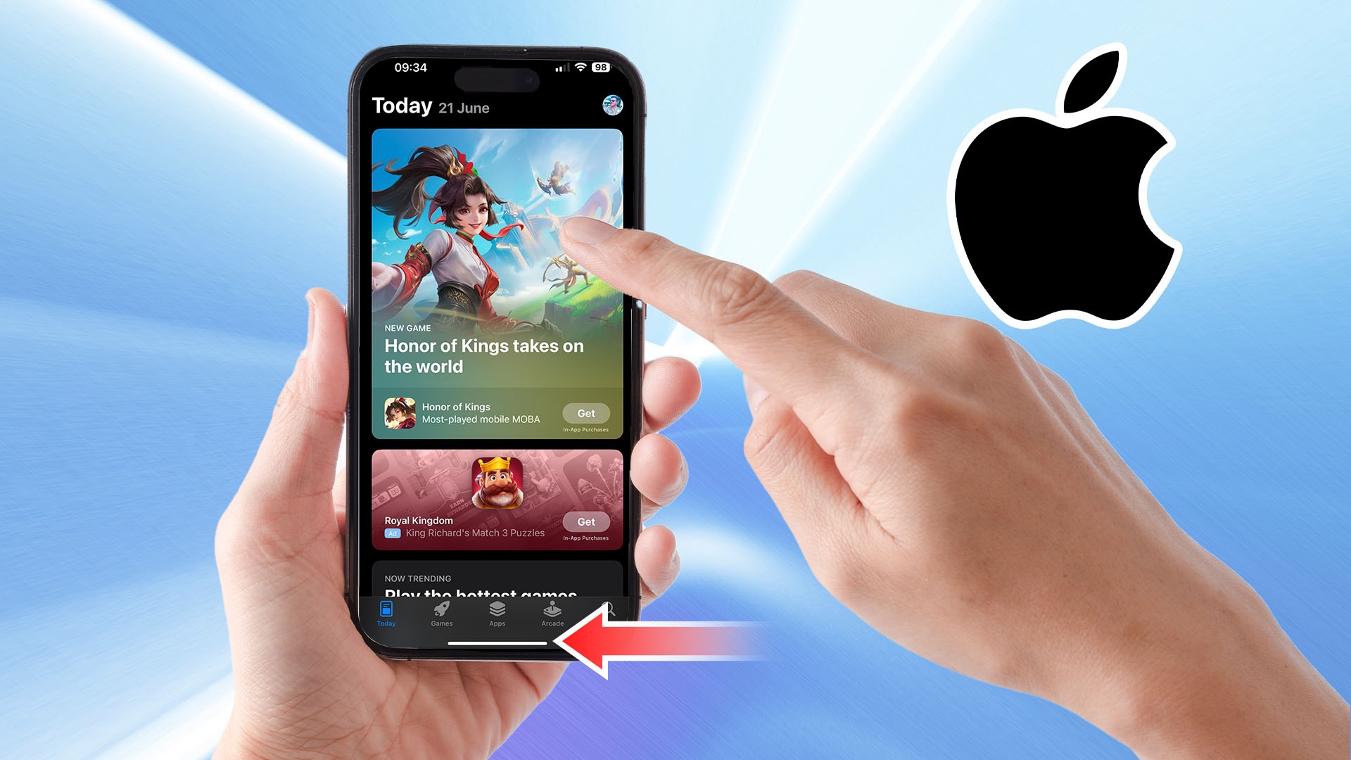 من iPhoneIslam.com، يتفاعل شخص مع هاتف ذكي ويعرض واجهة تطبيق ألعاب إلى جانب شعار Apple على خلفية زرقاء مشعة، في إشارة إلى هدف سري حصري لـ الآي فون.