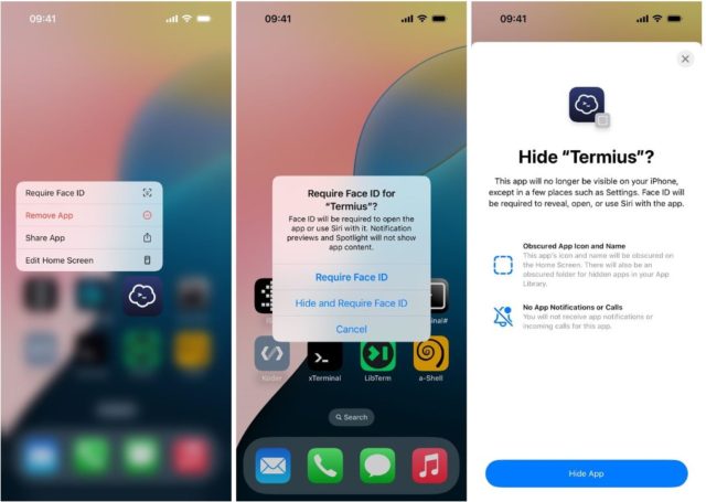 من iPhoneIslam.com، ثلاث خطوات توضح كيفية إخفاء تطبيق على جهاز iPhone يعمل بنظام iOS 18. تتضمن العملية فتح خيارات التطبيق من الشاشة الرئيسية، واختيار إخفاء باستخدام Face ID، وتأكيد الإجراء في نافذة منبثقة. يتم استخدام تطبيق "Termius" كمثال.