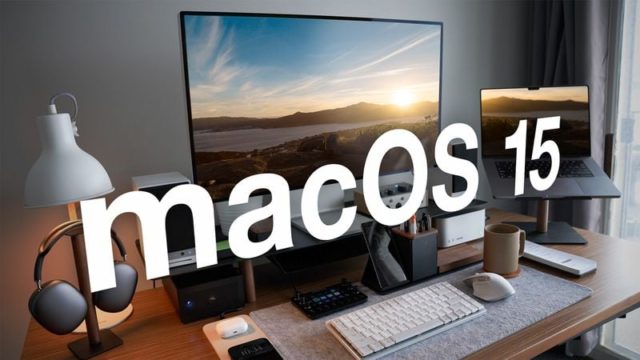 من iPhoneIslam.com، يتميز إعداد المكتب المنزلي بوجود كمبيوتر مكتبي وكمبيوتر محمول مع خلفية ذات مناظر خلابة، ونص أبيض يقرأ "macOS 15" معروض بشكل بارز عبر الصورة، ومن المحتمل أن يسلط الضوء على إعلان من مؤتمر WWDC 2024.