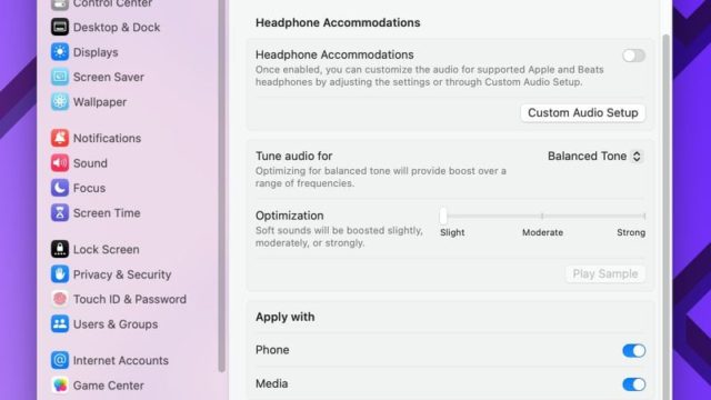 من iPhoneIslam.com، لقطة شاشة لنافذة الإعدادات تعرض ميزة "تسهيلات سماعة الرأس"، بما في ذلك خيارات تخصيص إعدادات الصوت، وضبط الصوت للحصول على نغمة متوازنة، وضبط مستوى التحسين. (أخبار الهامش 21 - 27 يونيو)