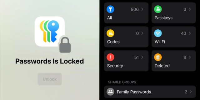 From iPhoneIslam.com, a screen showing the password manager app with categories for passkeys, codes, Wi-Fi, security, deleted items, and shared family passwords. The Unlock button also appears.