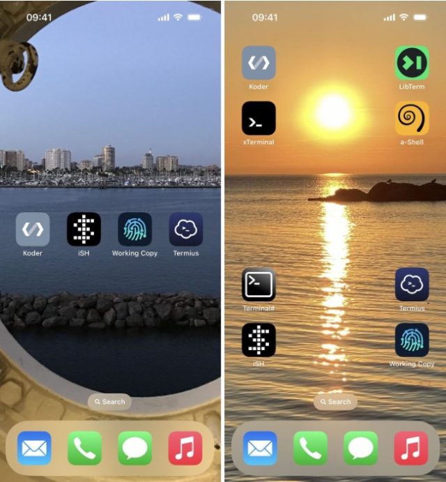 From iPhoneIslam.com, side-by-side screenshots of the phone's two main screens with different wallpapers highlight the iOS 18 update. The left screen shows a cityscape with app icons, while the right screen features a sunset over water with similar apps, showcasing some of the new features.