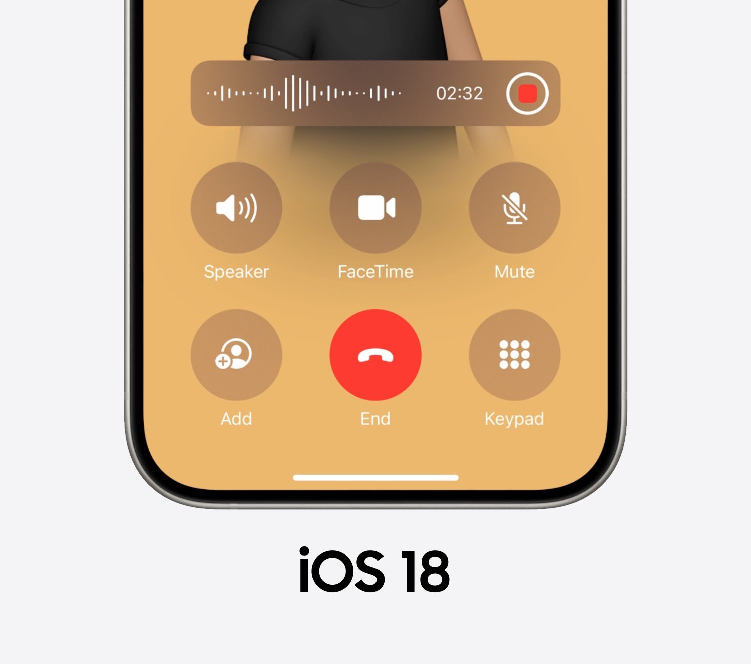 من iPhoneIslam.com، صورة مقربة لشاشة iPhone بنظام iOS 18، تظهر واجهة مكالمة نشطة مع تسجيل المكالمات قيد التقدم. تعرض الشاشة مؤقتًا مدته 02:32 وخيارات لمكبر الصوت وFaceTime وكتم الصوت والإضافة والإنهاء ولوحة المفاتيح - كل ذلك مدمج بسلاسة دون استخدام تطبيقات طرف ثالث.
