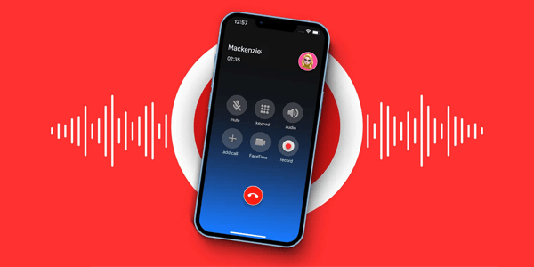 من iPhoneIslam.com، تعرض شاشة الهاتف الذكي مكالمة جارية مع "Mackenzie" لمدة دقيقتين و35 ثانية على خلفية حمراء مع موجات صوتية بيضاء، مما يسلط الضوء على مشاكل تسجيل المكالمات المحتملة.