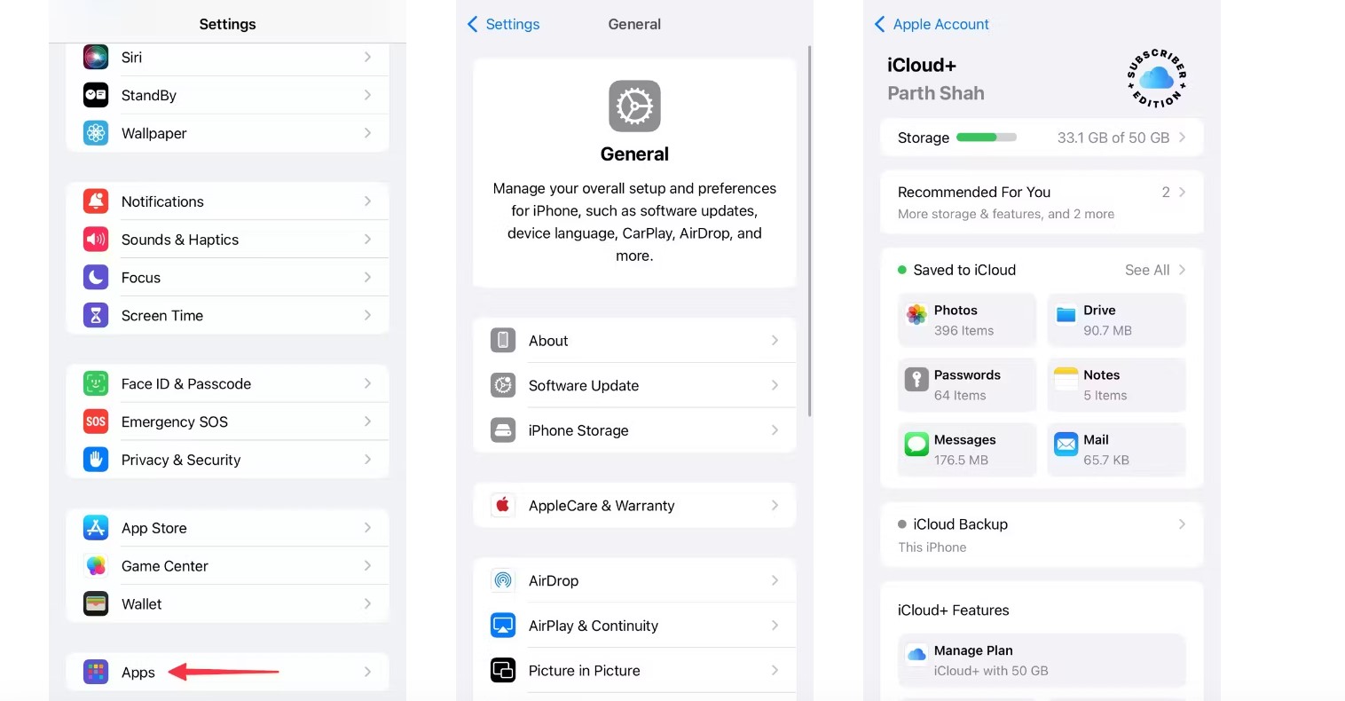 من iPhoneIslam.com، لقطة شاشة لإعدادات iPhone تعرض إعدادات العرض والسطوع والإعدادات العامة وإعدادات iCloud. تتضمن الميزات خيارات الوضع الفاتح/المظلم، ومعلومات التخزين، وتحديثات البرامج، وAppleCare، وتفاصيل النسخ الاحتياطي على iCloud. إكتشاف ميزات مخفية في آخر تحديث iOS 18 من أبل.