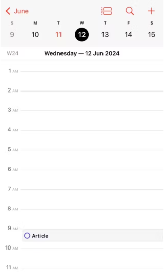 من iPhoneIslam.com، لقطة شاشة لتطبيق تقويم على iOS 18 تعرض تاريخ الأربعاء 12 يونيو 2024. تمت جدولة حدث واحد بعنوان "مقالة" في الساعة 9 صباحًا. اكتشف الميزات المخفية التي تعزز إنتاجيتك.