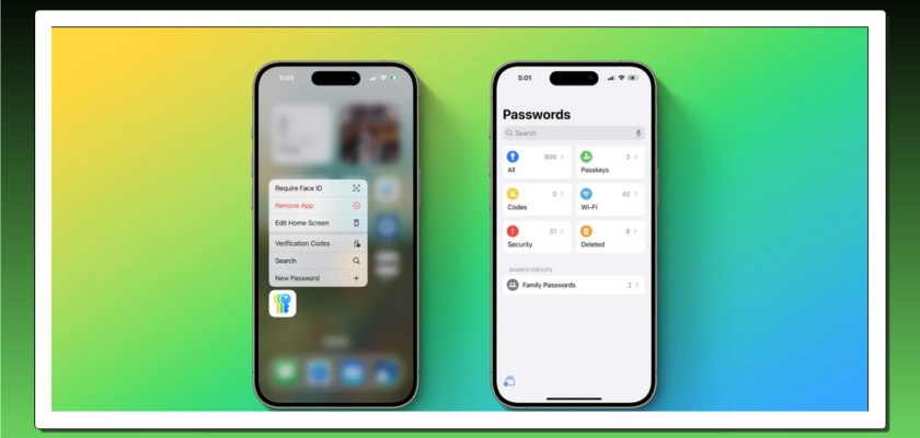 From iPhoneIslam.com, two smartphones displaying two different displays. The left phone displays a menu of options with “Requires Face ID” selected. The right phone, part of the password manager app, displays the “Passwords” screen with categories like “Passwords” and “Security.”