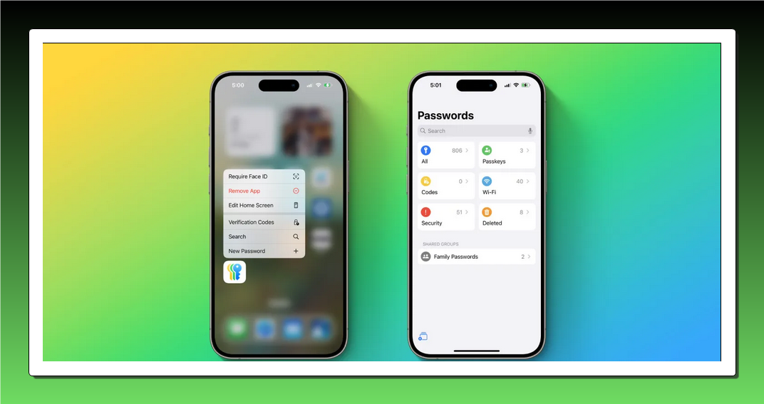 من iPhoneIslam.com، هاتفان ذكيان يعرضان شاشتين مختلفتين. يعرض الهاتف الأيسر قائمة خيارات مع تحديد "يتطلب معرف الوجه". يعرض الهاتف الأيمن، وهو جزء من تطبيق إدارة كلمات المرور، شاشة "كلمات المرور" مع فئات مثل "كلمات المرور" و"الأمان".