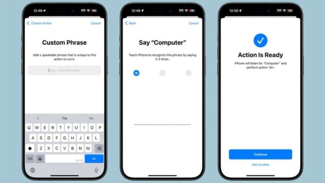 من iPhoneIslam.com، ثلاث شاشات للهواتف الذكية توضح الإعداد لأمر صوتي مخصص في iOS 18: إدخال عبارة، وتكرار العبارة، وتأكيد الإجراء. قد يُحدث هذا ثورة في كيفية تفاعلك مع جهازك، مثلما يحدث عند تغيير اسم سيري.