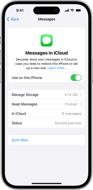 From iPhoneIslam.com, a screenshot of messages in iCloud settings on iPhone. Options offered include managing storage, message sync status, and a currently turned on message sync option to make it easier to transfer new messages to iPhone.
