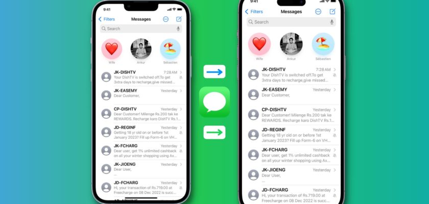 From iPhoneIslam.com, two smartphones display identical messaging app screens, each containing conversations with different contacts. The heart icons on the left and the rubber duck on the right appear next to some conversations, and are ideal for transferring messages between the new iPhone and the old iPhone.