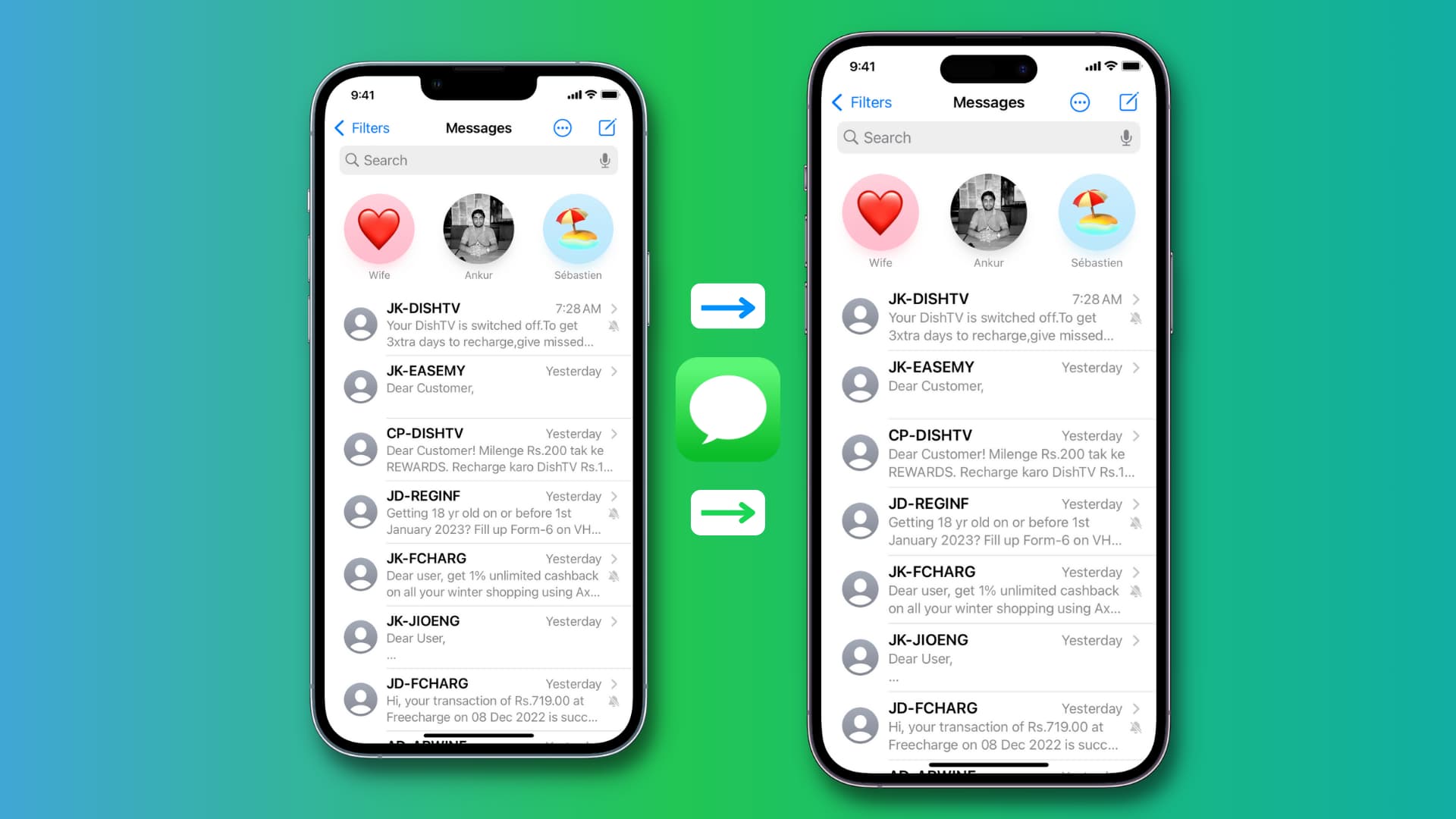 من iPhoneIslam.com، يعرض هاتفان ذكيان شاشتين متطابقتين لتطبيقات المراسلة، تحتوي كل منهما على محادثات مع جهات اتصال مختلفة. تظهر أيقونات القلب على اليسار والبطة المطاطية على اليمين بجانب بعض المحادثات، وهي مثالية لنقل الرسائل بين الآي-فون الجديد و الآي-فون القديم.