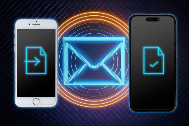 From iPhoneIslam.com, two smartphones, including the new iPhone, display icons for sending and receiving documents. There's a glowing envelope icon in the middle, surrounded by concentric neon rings. The background features a dark grid pattern, highlighting the seamless transfer of messages between devices.