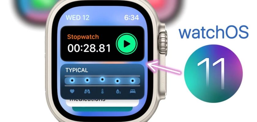 من iPhoneIslam.com، ساعة ذكية تعرض ساعة توقيت تعمل عند 28.81 ثانية. يوجد النص "watchOS 11" على الجانب الأيمن، مصحوبًا بشعار دائري يذكرنا بساعة Apple ولكن مع لمسة Garmin الأنيقة.