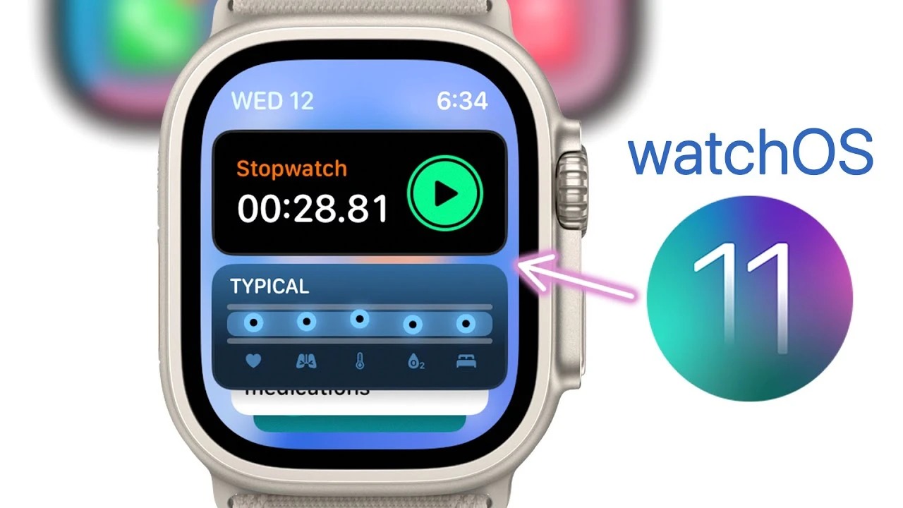 من iPhoneIslam.com، ساعة ذكية تعرض ساعة توقيت تعمل عند 28.81 ثانية. يوجد النص "watchOS 11" على الجانب الأيمن، مصحوبًا بشعار دائري يذكرنا بساعة Apple ولكن مع لمسة Garmin الأنيقة.