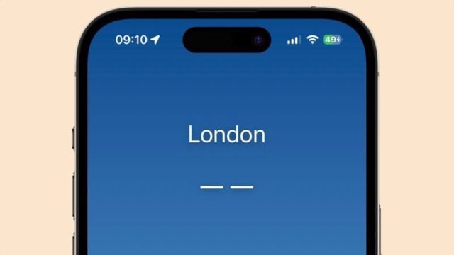 من iPhoneIslam.com، شاشة هاتف ذكي تعرض كلمة "لندن" مع شرطتين أسفلها. الساعة هي 09:10، والبطارية 49%، مقابل عنوان من أخبار.