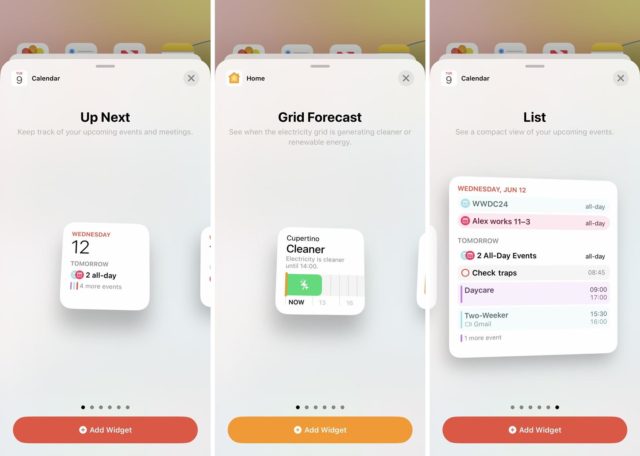 From iPhoneIslam.com, a tri-panel of the Calendar app interface that displays three views: Up Next, Network Forecast, and List, displaying various events, clean energy forecasts for Cupertino, and features from iOS 18. Each view contains an Add " " widget at the bottom to customize your home screen.