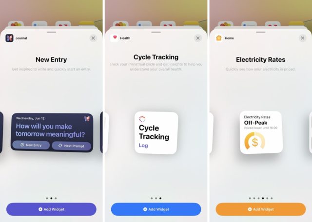 Da iPhoneIslam.com, l'immagine mostra tre colori principali di iPhone con widget: il primo per l'app Journal, il secondo per Cycle Tracking nell'app Health e il terzo per il monitoraggio dei prezzi dell'elettricità, tutti migliorati con l'aggiornamento iOS 18.