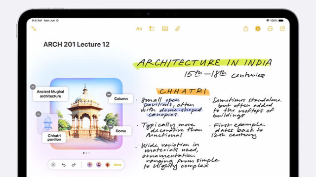 من iPhoneIslam.com، شاشة كمبيوتر لوحي تعرض مذكرة رقمية بعنوان "ARCH 201 Lecture 12" تحتوي على معلومات عن "الهندسة المعمارية في الهند (القرنين الخامس عشر والثامن عشر)" وصورة وملاحظات حول أجنحة شاتري.