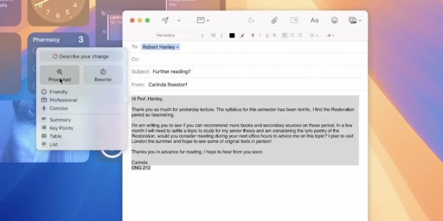 From iPhoneIslam.com, the email interface on iOS 18 displays a letter from Karinda Roestorff to Robert Hanley, requesting additional reading material for a class on the Restoration period. Using Apple Intelligence, the CC line is intuitively left blank.