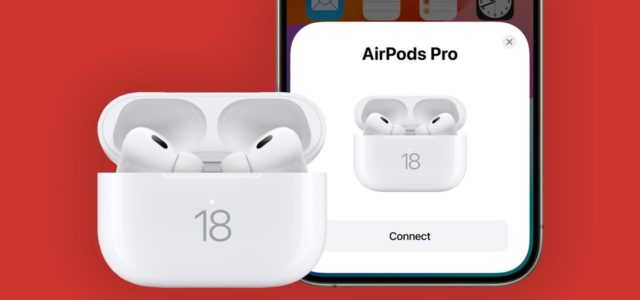 من iPhoneIslam.com، يتم عرض زوج من سماعات AirPods Pro مع علبة شحن مفتوحة على شاشة الهاتف، ويطالبان بتوصيل الجهاز. الرقم 18 مطبوع على علبة الشحن، مما يشير إلى توافقها مع تحديث iOS 18.