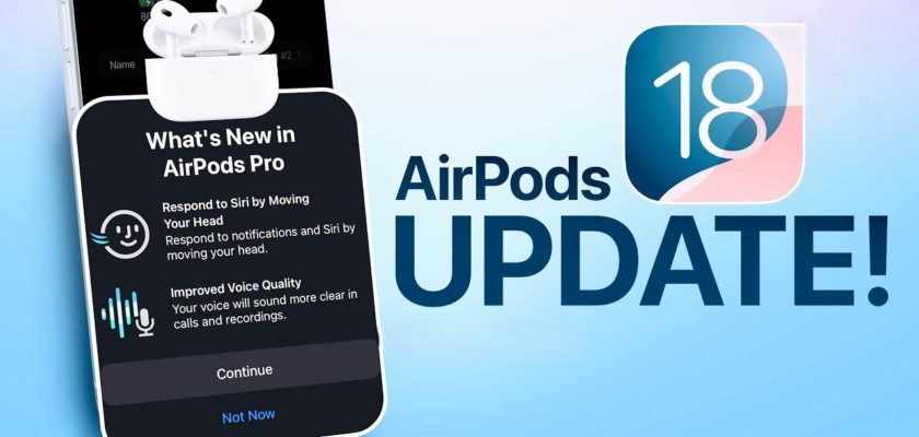 From iPhoneIslam.com, a screen showing the AirPods Pro updating with iOS 18, featuring new features like head motion responses and improved sound quality. The "Continue" option appears at the bottom.