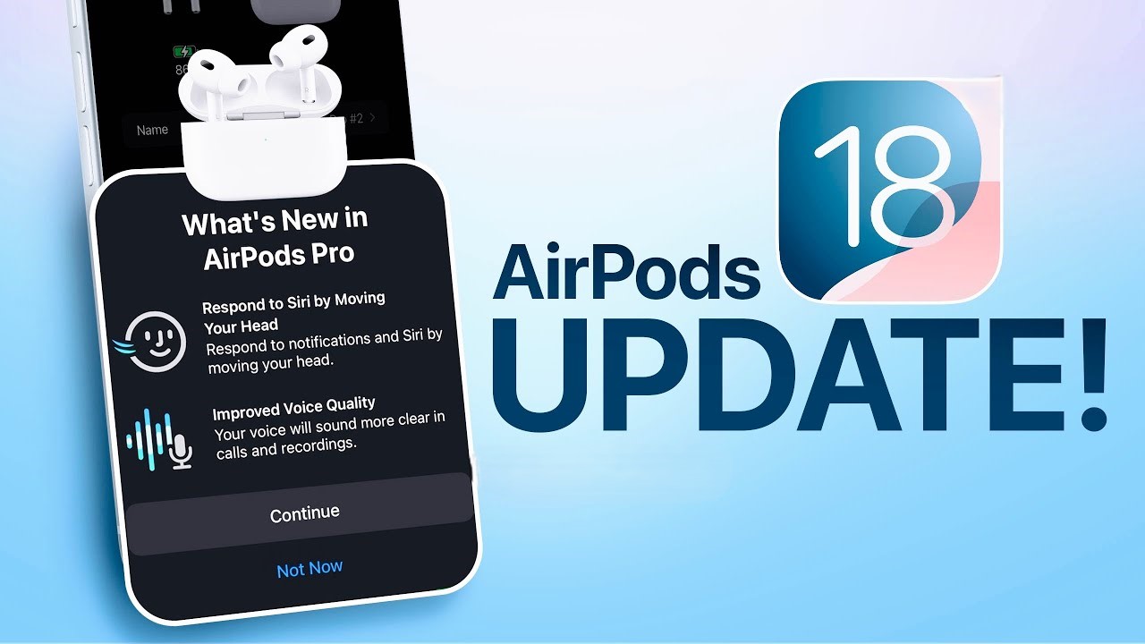 من iPhoneIslam.com، شاشة تعرض تحديث سماعات AirPods Pro مع تحديث iOS 18، ويضم ميزات جديدة مثل استجابات حركة الرأس وتحسين جودة الصوت. يظهر خيار "متابعة" في الأسفل.