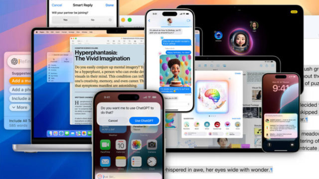 From iPhoneIslam.com, a collection of Apple devices featuring various apps, from text messages and emails to ChatGPT and Notes on Hyperphantasia, all powered by Apple Intelligence in iOS 18.