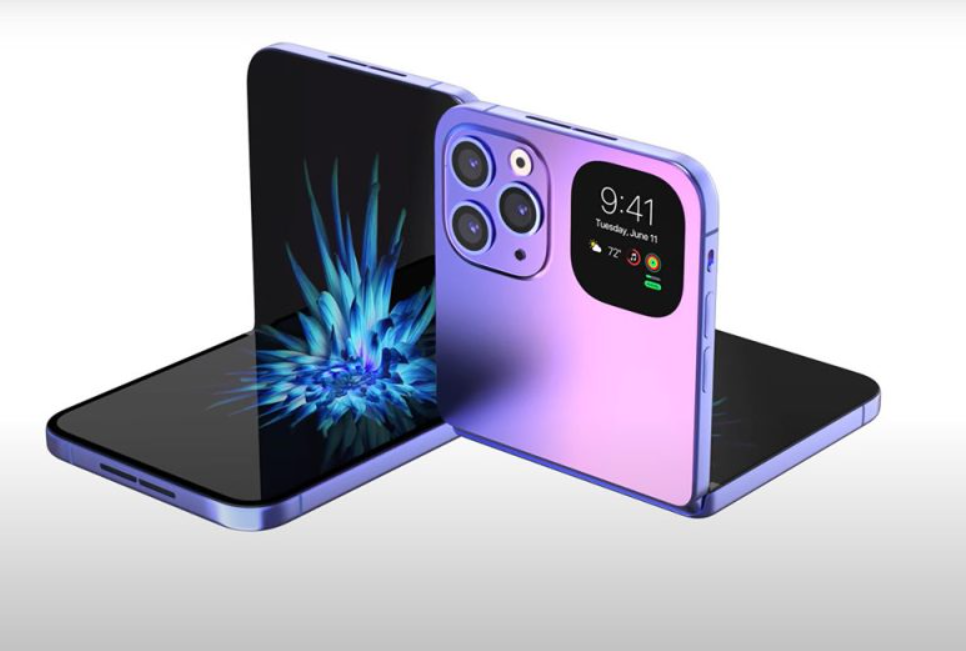 من iPhoneIslam.com، هاتف ذكي قابل للطي ذو لون أرجواني، يتميز بشاشة خارجية تعرض الوقت والإشعارات، وشاشة داخلية مفتوحة تعرض صورة مجردة زرقاء - وهو تصور مثير للإعجاب لمفهوم آي فون القابل للطي.