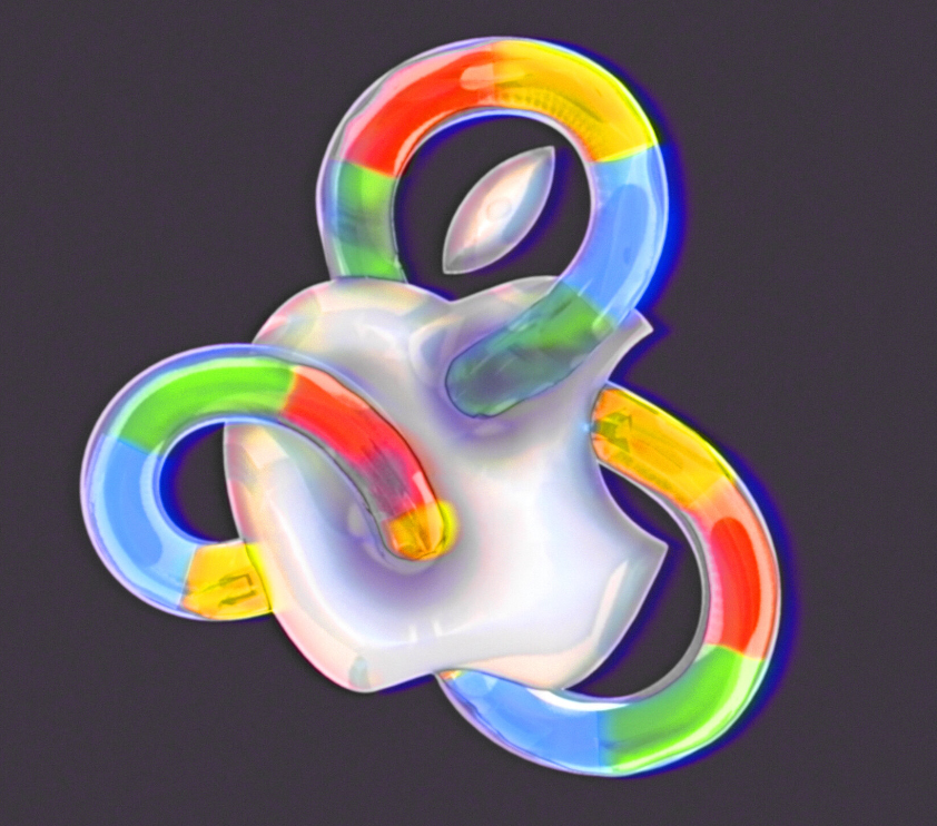 من iPhoneIslam.com، شكل تجريدي أبيض متشابك مع حلقات أنبوبية ملساء متعددة الألوان على خلفية داكنة، يذكرنا بالابتكار الذي شوهد في منتجات Apple وGoogle.