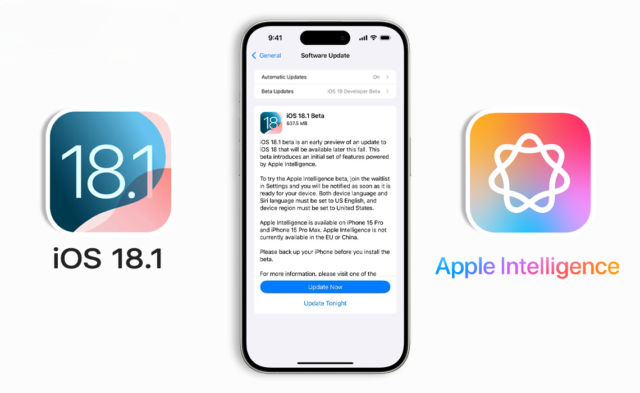 Von iPhoneIslam.com, ein Smartphone-Bildschirm mit Details zum iOS 18.1 Beta-Softwareupdate, mit den Logos iOS 18.1 und Apple Intelligence an den Seiten.