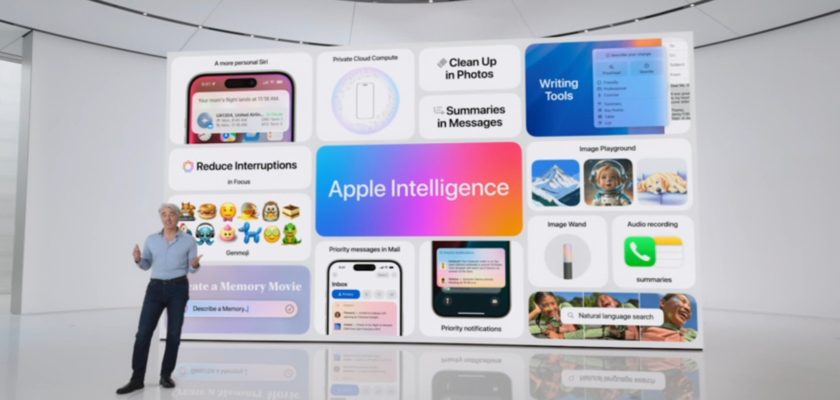 From iPhoneIslam.com, a person stands in front of a large screen displaying various Apple software features, including messaging tools, a memory movie maker, and photo cleaning tools under the heading “Apple Intelligence.”