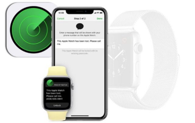 Da iPhoneIslam.com, iPhone visualizza la schermata Trova il mio Apple Watch, mostrando le istruzioni e un messaggio per chiamare un numero. Anche l'Apple Watch con il cinturino giallo visualizza lo stesso messaggio. Viene visualizzata l'icona dell'app Dov'è, che sottolinea la facilità di ripristino del tuo Apple Watch.