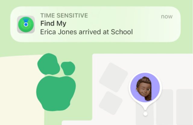 من iPhoneIslam.com، يشير إشعار من تطبيق "Find My" إلى أن "Erica Jones وصلت إلى المدرسة" مصحوبة بدبوس memoji على الخريطة. إنها راحة البال المثالية لطفلك وتعتبر هدية مثالية مع ساعة أبل.