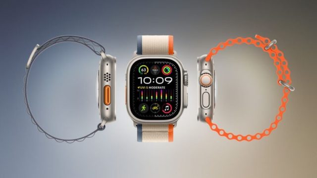 Da iPhoneIslam.com vengono mostrati tre smartwatch, ciascuno con braccialetti di colore diverso. L'orologio centrale ricorda l'Apple Altra 3 con un display a colori che mostra varie metriche, tra cui ora, data e livelli di attività.