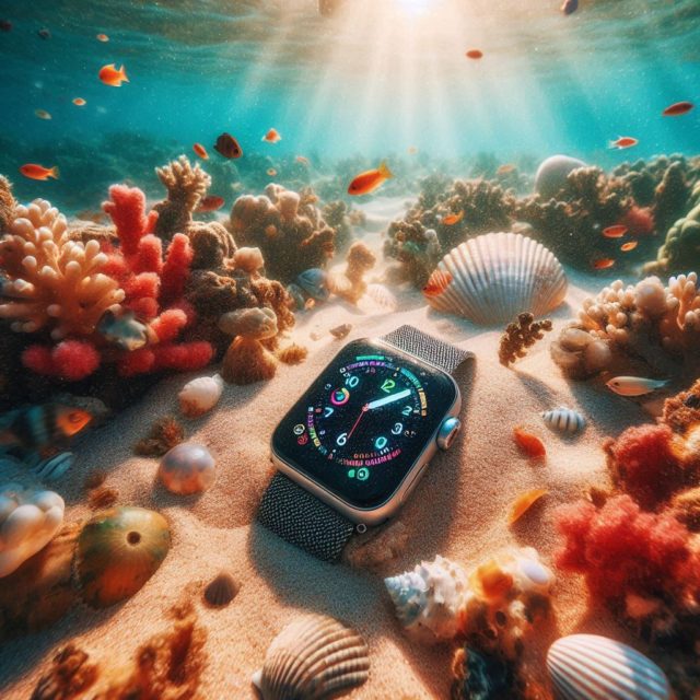 Da iPhoneIslam.com L'Apple Watch con display digitale giace sott'acqua sul fondo di un mare sabbioso circondato da coralli colorati, conchiglie e piccoli pesci. La luce del sole filtra attraverso l'acqua, illuminando la scena, facendoti chiedere se Trova il mio dispositivo possa aiutarti a recuperarlo dopo che è accaduto nell'area.