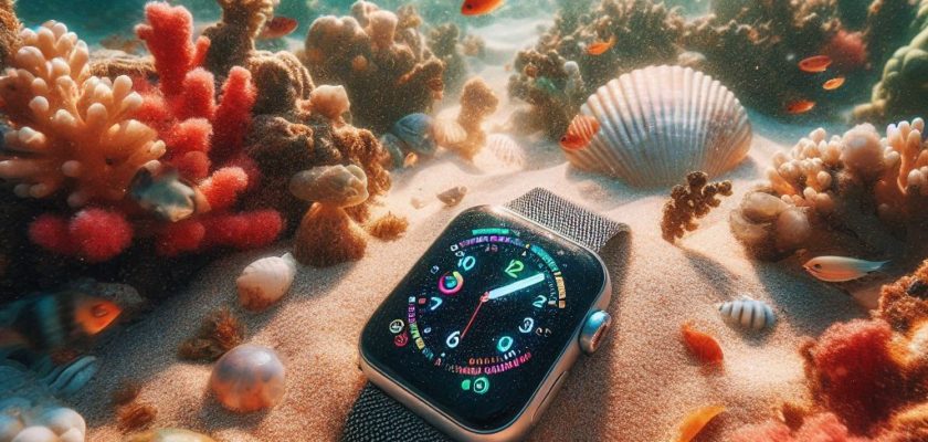 Da iPhoneIslam.com L'Apple Watch con display digitale giace sott'acqua sul fondo di un mare sabbioso circondato da coralli colorati, conchiglie e piccoli pesci. La luce del sole filtra attraverso l'acqua, illuminando la scena, facendoti chiedere se Trova il mio dispositivo possa aiutarti a recuperarlo dopo che è accaduto nell'area.