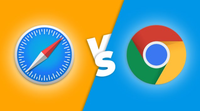 Von iPhoneIslam.com, eine Abbildung, die die Logos von Safari (links) und Chrome (rechts) mit einem „VS“ in der Mitte zeigt, was auf den Vergleich zwischen Apple und Google hinweist. Der Hintergrund ist diagonal geteilt, links orange und rechts blau.